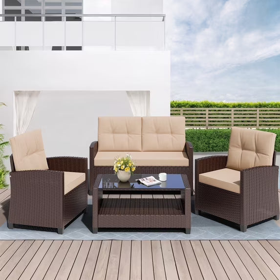 Walsunny Patio Furniture 4 Pieces Outdoor Wicker Loveseat Set