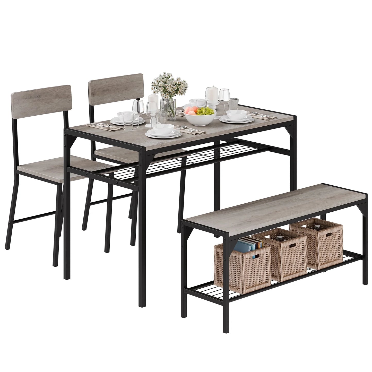 Walsunny Dining Table Set Small Bar Table Kitchen and Chairs Set for 2 with Storage Shelves and 2 Stools,Tall Breakfast Nook Suitable for Pub,Dining Room,Kitchen,Black