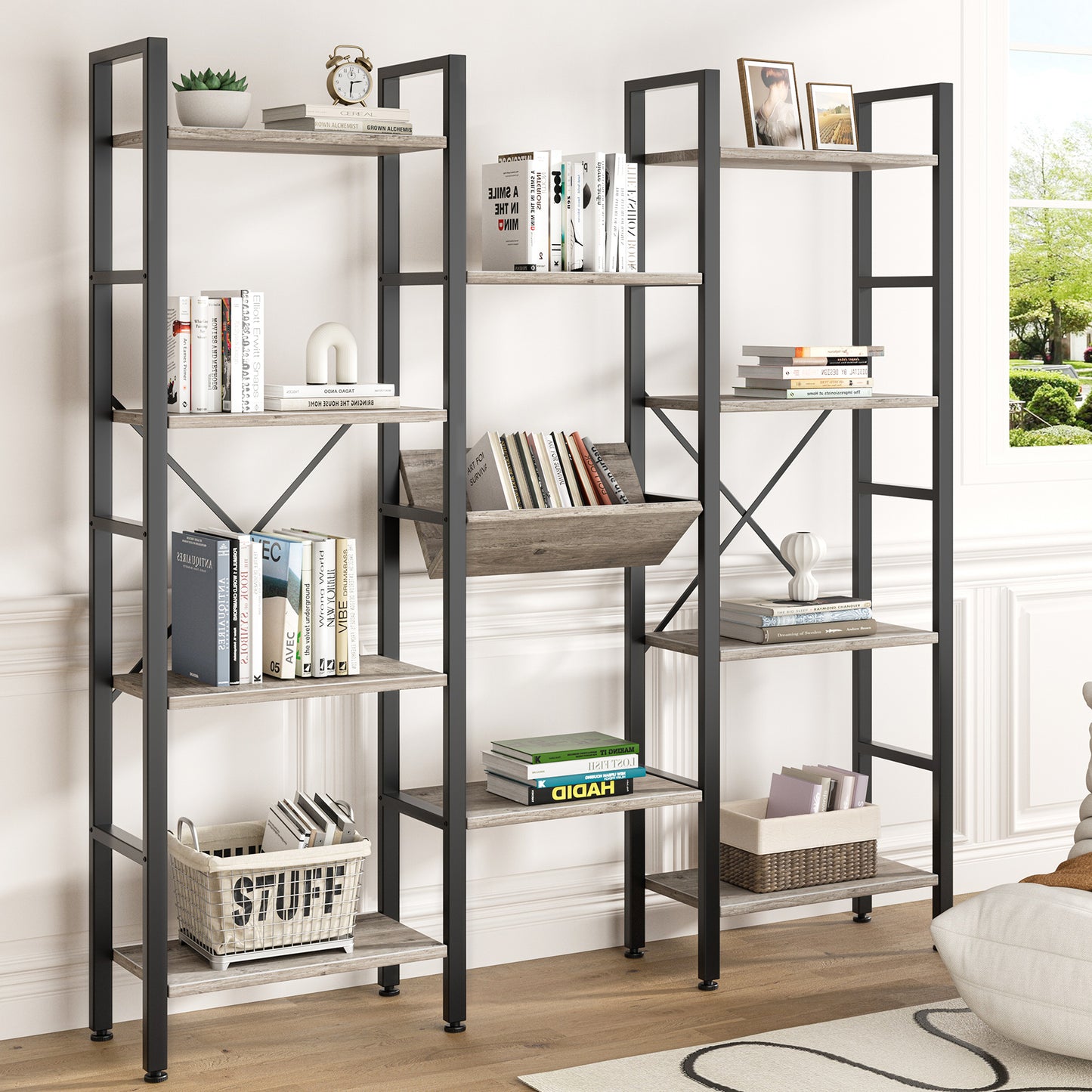 Walsunny 4 Tier Bookshelf Triple Wide Industrial Bookcase Large Open Display Bookshelves with Metal Frame Wood Style Shelves Grey