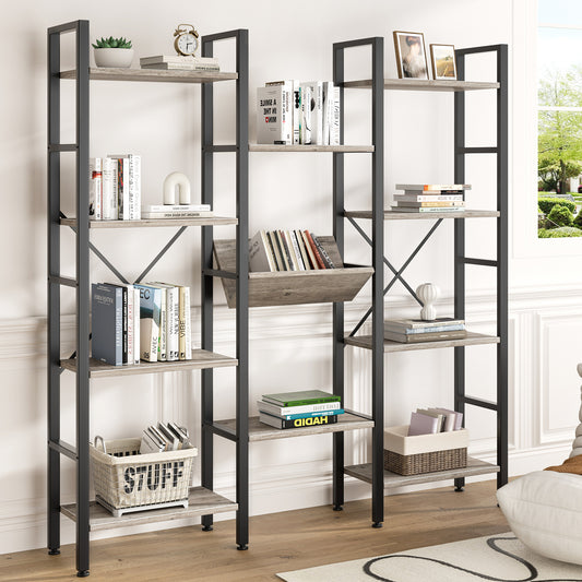 Walsunny 4 Tier Bookshelf Triple Wide Industrial Bookcase Large Open Display Bookshelves with Metal Frame Wood Style Shelves Grey