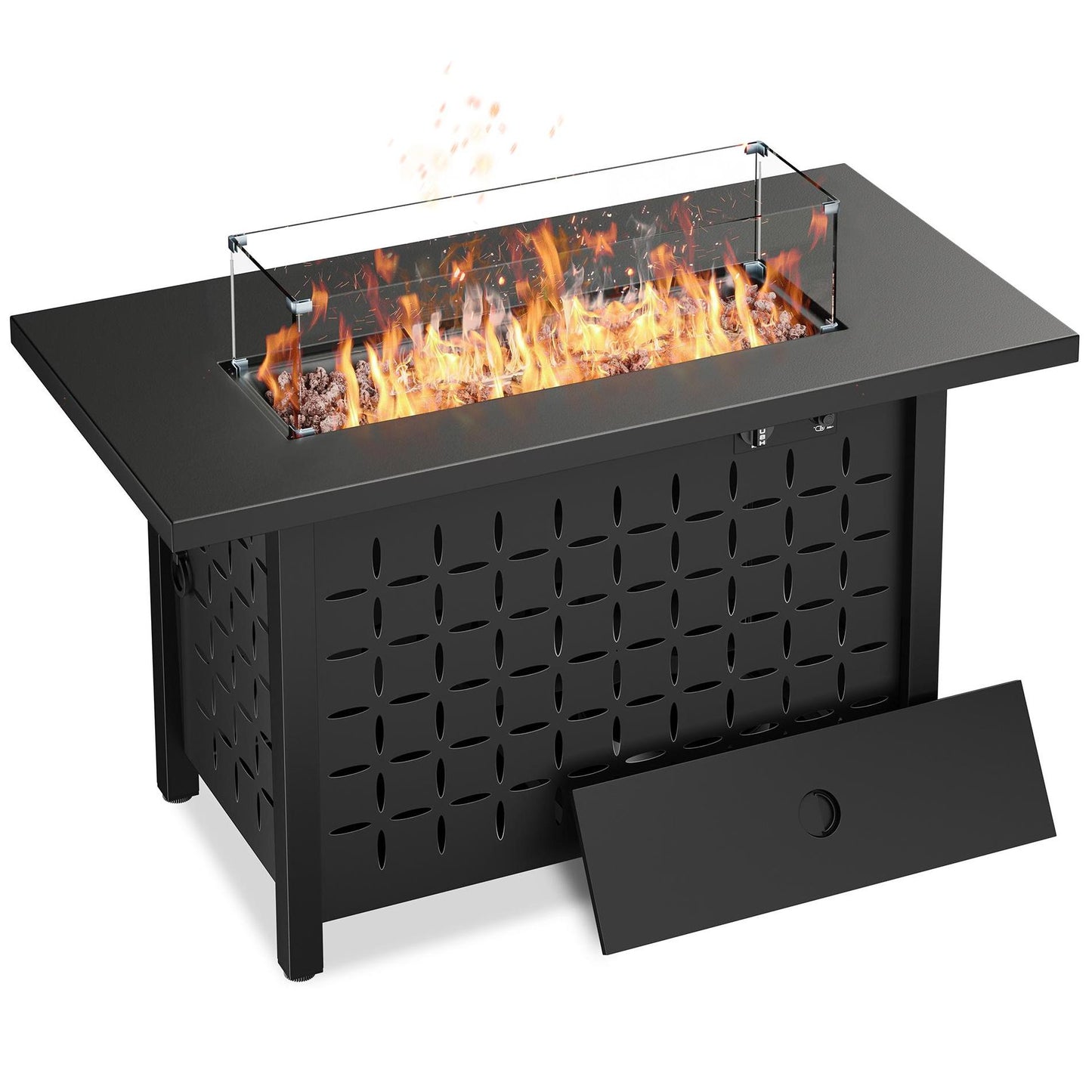 Walsunny 43 inch Gas Fire Pit Table 40,000 BTU Outdoor Rectangular Propane Fire pit Table with Glass Wind Guard and Waterproof Cover