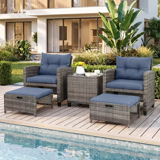 Walsunny 5 Piece Patio Furniture Set, Outdoor Wicker Furniture Set with Ottomans, PE Rattan Patio Conversation Set with Lounge Chairs, Coffee Table & Cushion for Porch, Backyard, Balcony, Blue