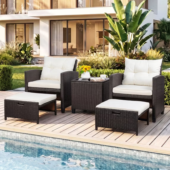 Walsunny 5 Piece Patio Furniture Set, Outdoor Wicker Furniture Set with Ottomans, PE Rattan Patio Conversation Set with Lounge Chairs, Coffee Table & Cushion for Porch, Backyard, Balcony, Blue
