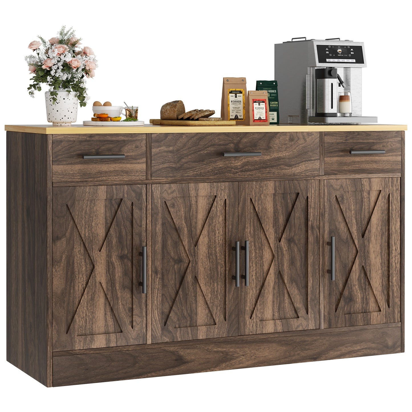 Walsunny 53" Buffet Cabinet with Drawers, Modern Farmhouse Shelves,and Doors Large White Sideboard Buffet Table for Kitchen or Dining Room,Coffee Bar Storage Brown