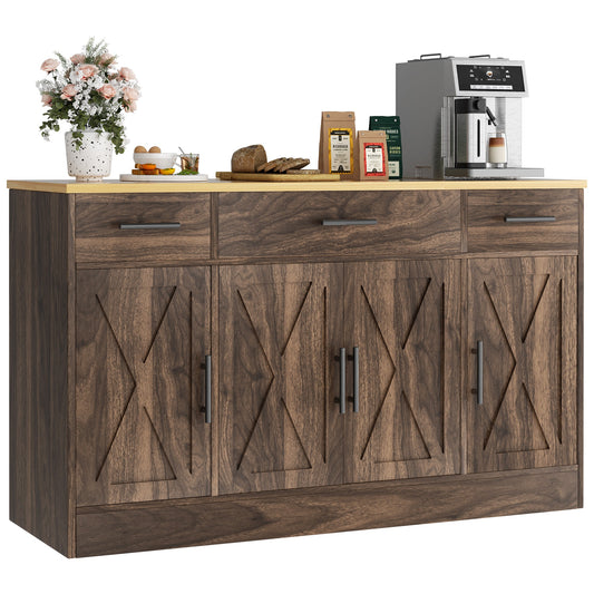 Walsunny 53" Buffet Cabinet with Drawers, Modern Farmhouse Shelves,and Doors Large White Sideboard Buffet Table for Kitchen or Dining Room,Coffee Bar Storage Brown