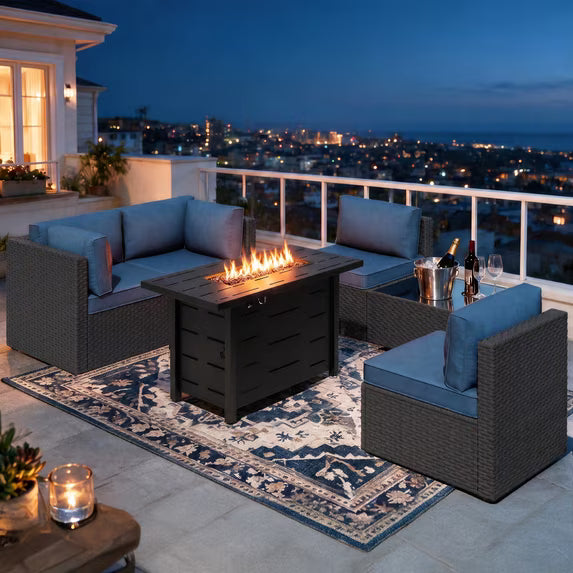Walsunny 6 Piece Outdoor Patio Furniture Set with 43" Gas Fire Pit Table, 50,000 BTU Propane Fire Pit, 5-Piece Wicker Sectional Sofa Set, Glass Coffee Table, Silver Rattan Aegean Blue Cushion