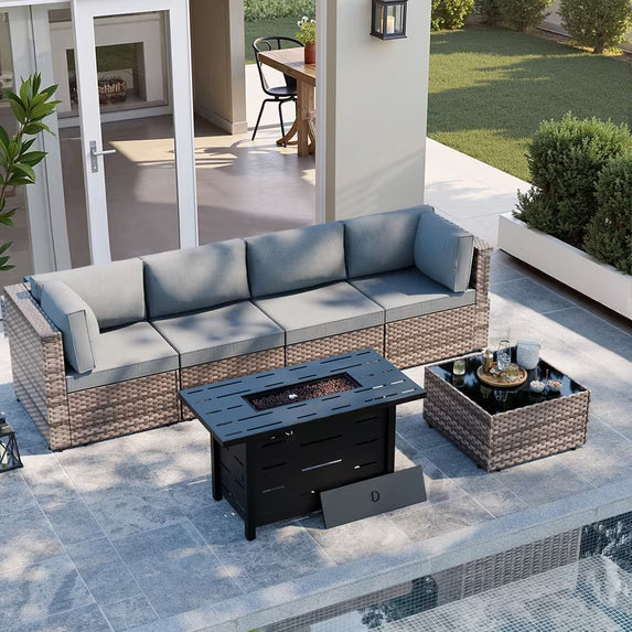 Walsunny 6 Piece Outdoor Patio Furniture Set with 43" Gas Fire Pit Table, 50,000 BTU Propane Fire Pit, 5-Piece Wicker Sectional Sofa Set, Glass Coffee Table, Silver Rattan Aegean Blue Cushion