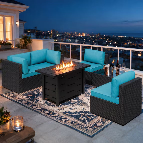 Walsunny 6 Piece Outdoor Patio Furniture Set with 43" Gas Fire Pit Table, 50,000 BTU Propane Fire Pit, 5-Piece Wicker Sectional Sofa Set, Glass Coffee Table, Silver Rattan Aegean Blue Cushion