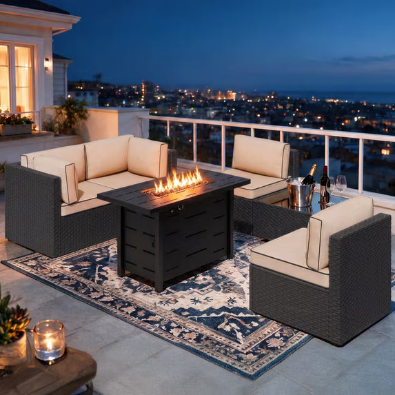 Walsunny 6 Piece Outdoor Patio Furniture Set with 43" Gas Fire Pit Table, 50,000 BTU Propane Fire Pit, 5-Piece Wicker Sectional Sofa Set, Glass Coffee Table, Silver Rattan Aegean Blue Cushion