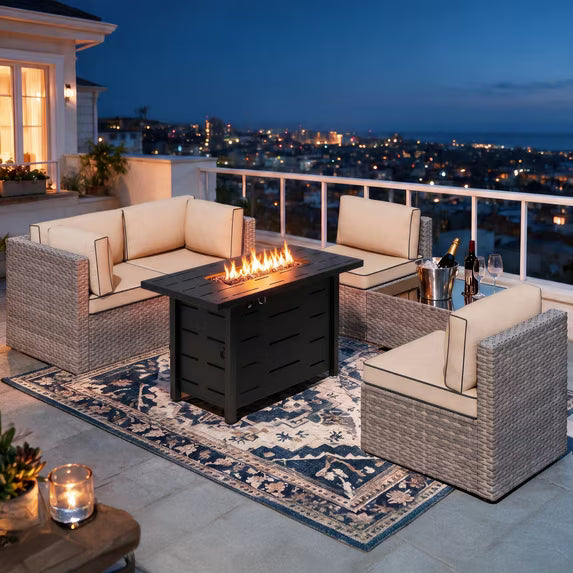 Walsunny 6 Piece Outdoor Patio Furniture Set with 43" Gas Fire Pit Table, 50,000 BTU Propane Fire Pit, 5-Piece Wicker Sectional Sofa Set, Glass Coffee Table, Silver Rattan Aegean Blue Cushion