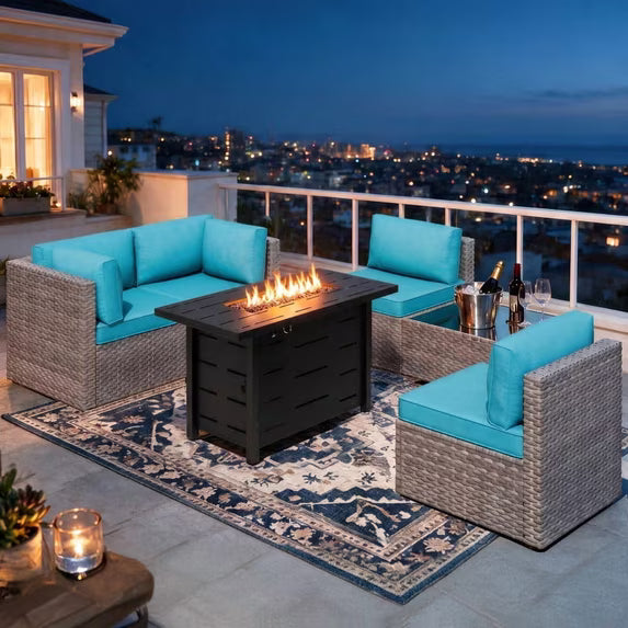 Walsunny 6 Piece Outdoor Patio Furniture Set with 43" Gas Fire Pit Table, 50,000 BTU Propane Fire Pit, 5-Piece Wicker Sectional Sofa Set, Glass Coffee Table, Silver Rattan Aegean Blue Cushion