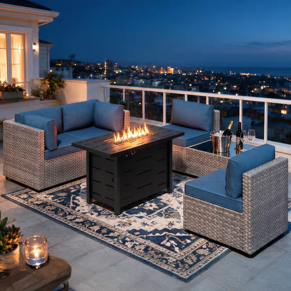 Walsunny 6 Piece Outdoor Patio Furniture Set with 43" Gas Fire Pit Table, 50,000 BTU Propane Fire Pit, 5-Piece Wicker Sectional Sofa Set, Glass Coffee Table, Silver Rattan Aegean Blue Cushion