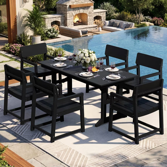 Walsunny 7-Piece Polywood Outdoor Dining Furniture,All-Weather HDPE Patio Furniture Set,Dining Table Set with Umbrella Hole,Blue
