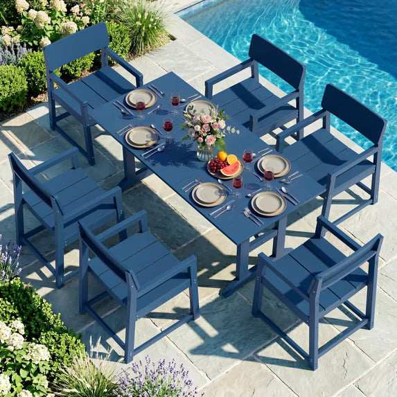 Walsunny 7-Piece Polywood Outdoor Dining Furniture,All-Weather HDPE Patio Furniture Set,Dining Table Set with Umbrella Hole,Blue
