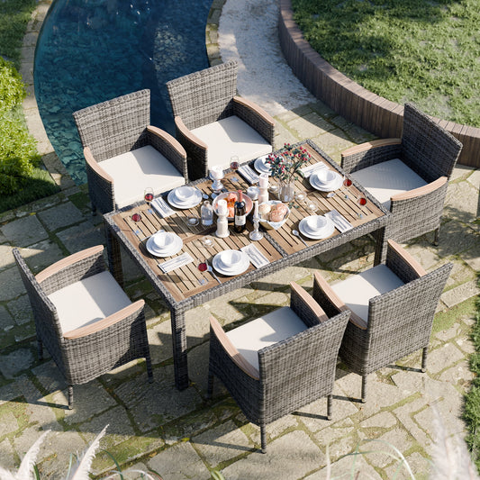 Walsunny 7 Pieces Outdoor Patio Dining Set, Wicker Patio Furniture Set with Wood Table and 6 Chairs with Soft Cushions Grey