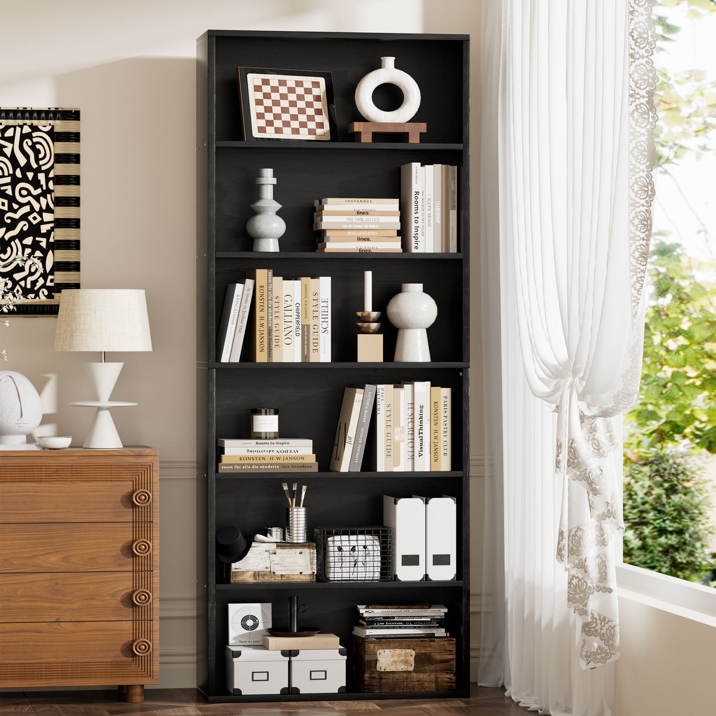 Walsunny 6 Tier Bookshelf Standard Wooden Bookcase Display Shelf with Storage Anti-tipping Device for Home Office Living Room
