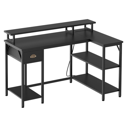 Walsunny 72" L Shaped Home Office Desk with 3 Tier Storage Shelves & Drawer, Reversible Gaming Desk with Monitor Stand & 32 Colors, LED Lights - Black