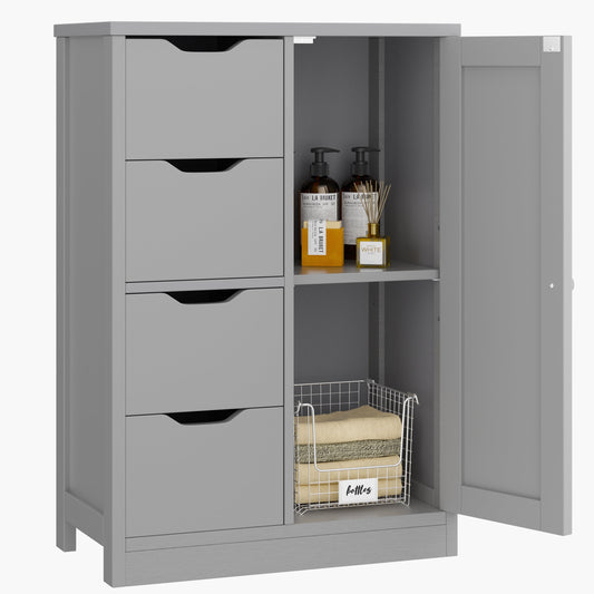Walsunny Bathroom Floor Storage Cabinet, Wooden Storage Organizer with 4 Drawers and 1 Door, Freestanding Pantry Cabinet with Adjustable Shelves for Bathroom, Living Room, Kitchen, Entryway, Grey
