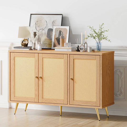 Walsunny Sideboard Buffet Storage Cabinet,Kitchen Storage Cabinet with 3 Rattan Decorated Doors, Accent Cabinet Sideboard Cabinet for Dining Room, Living Room, Entryway, Hallway, Natural