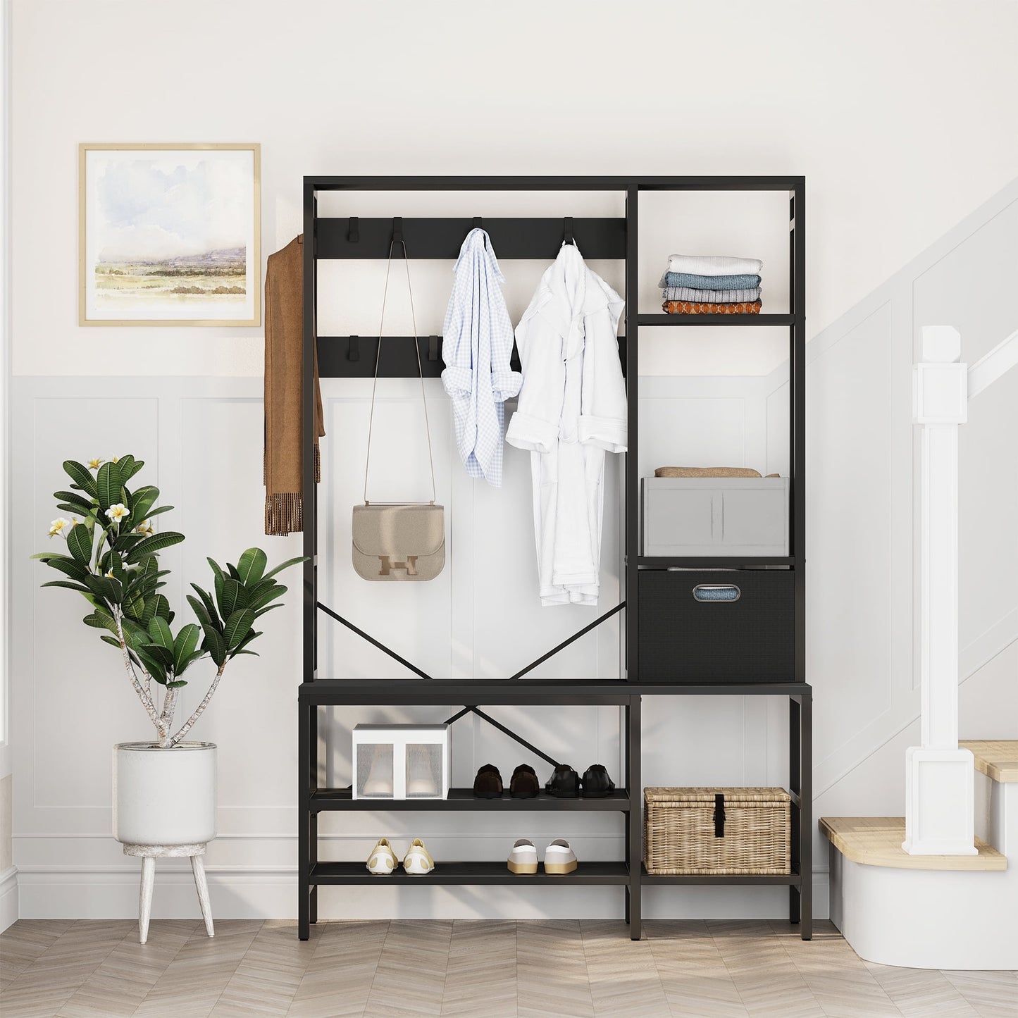 Walsunny Entryway Hall Tree Coat Rack with Bench 47'' Bench with Shoe Storage and Coat Hooks 5 in 1 Large Organizer with Fabric Storage Basket Black