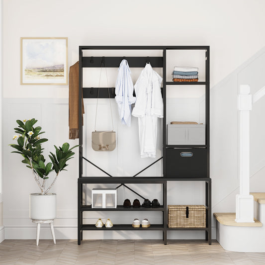 Walsunny Entryway Hall Tree Coat Rack with Bench 47'' Bench with Shoe Storage and Coat Hooks 5 in 1 Large Organizer with Fabric Storage Basket Black
