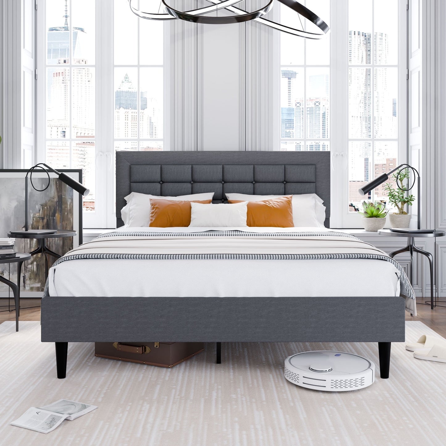 Walsunny Full Bed Frame with Square Stitched Button Tufted Headboard,Upholstered Platform Bed with 12" Storage Space & Linen Fabric