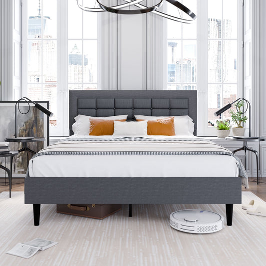 Walsunny Full Bed Frame with Square Stitched Button Tufted Headboard,Upholstered Platform Bed with 12" Storage Space & Linen Fabric