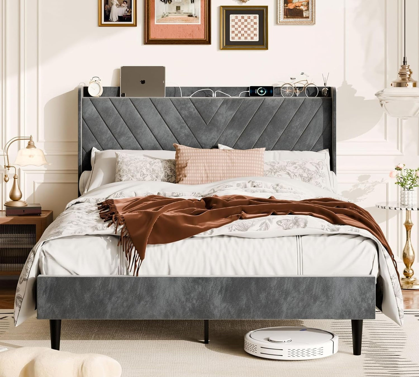 Walsunny Bed Frame with 4 Storage Drawee, Platform Bed with Upholstered Modern Geometric Lines Headboard, Solid Wood Slats Support