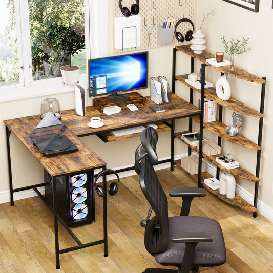 Walsunny Gaming Computer Desk with 5-tier storage shelves Home Office Desks, Large Work Desk Study Workstation, Laptop Stand for Desk Rustic Brown