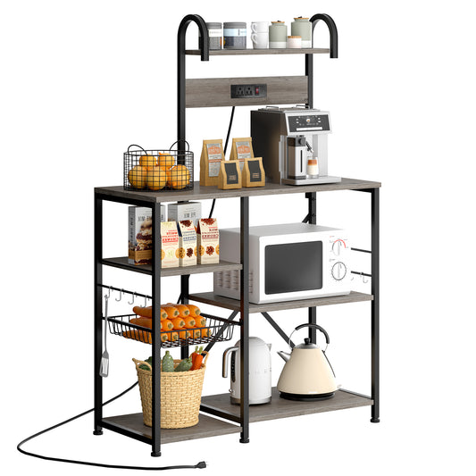 Walsunny Kitchen Bakers Rack with Power Outlet,Industrial Kitchen Island Storage Shelf with 6 Hooks 6 Tier Rack