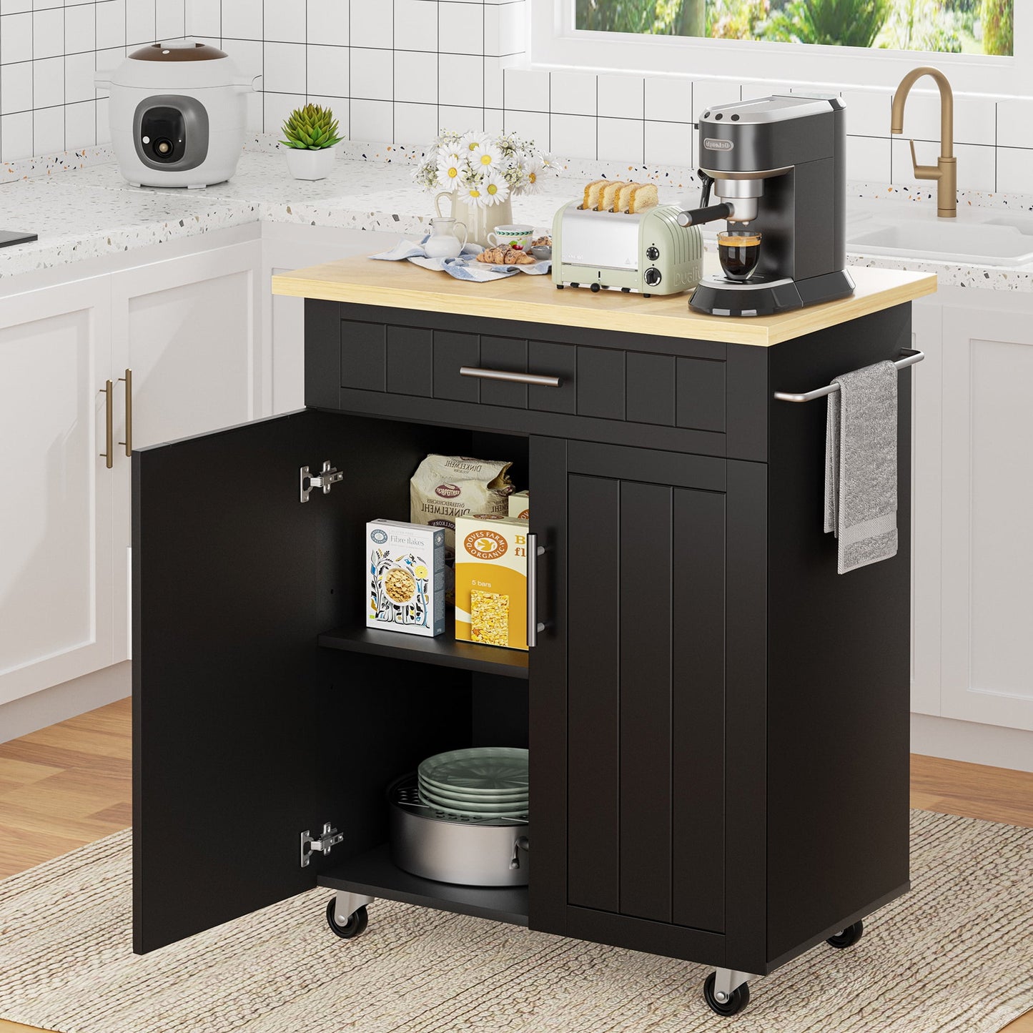 Walsunny Kitchen Island Cart on Wheels, Kitchen Cart with Drawer and Countertop, 2 Doors Storage Cabinet for Dining Room Living Room, Black