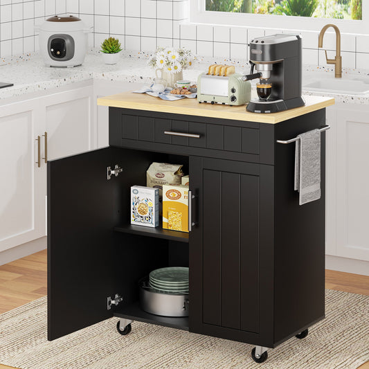 Walsunny Kitchen Island Cart on Wheels, Kitchen Cart with Drawer and Countertop, 2 Doors Storage Cabinet for Dining Room Living Room, Black