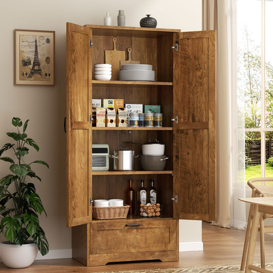 Walsunny 65" Kitchen Pantry Cabinet Freestanding Farmhouse Storage Cabinet with 4 Shelves and 1 Drawer Tall Cupboard Brown