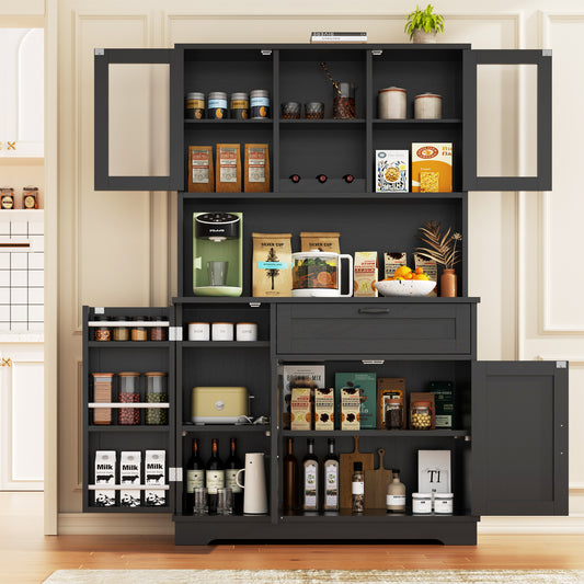 Walsunny 68" Kitchen Pantry Storage Cabinet, Tall Food Pantry Cabinet with Hutch and Microwave Stand, Modern Kitchen Coffee Bar Hutch with Glass Door and Shelves Black
