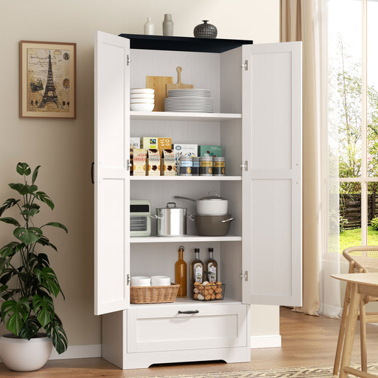 Walsunny 65" Kitchen Pantry Cabinet Freestanding Farmhouse Storage Cabinet with 4 Shelves and 1 Drawer Tall Cupboard White