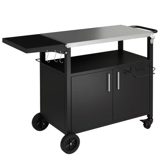 Walsunny Outdoor Grill Cart with Storage Cabinet, Outdoor Kitchen Island on Wheels, BBQ Grill Prep Table Movable Patio Storage Counter Foldable Tabletop, Black