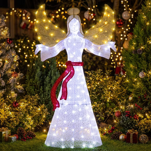 Walsunny 5.5 Ft 3D Pre-Lit Christmas Angel,Outdoor Glittered Angel with Halo Bow Wings Zip Ties Ground Stakes for Garden Villa Ornaments Weddings Parties,150 LED