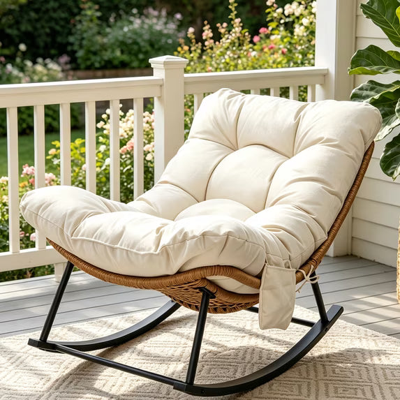 Walsunny Rocking Papasan Chair,Oversized Rocking Chair with Thick Cushion Steel Frame Side Storage Pockets,330 lbs for Garden,Porch,Living Room,Nature Rattan Beige Cushion
