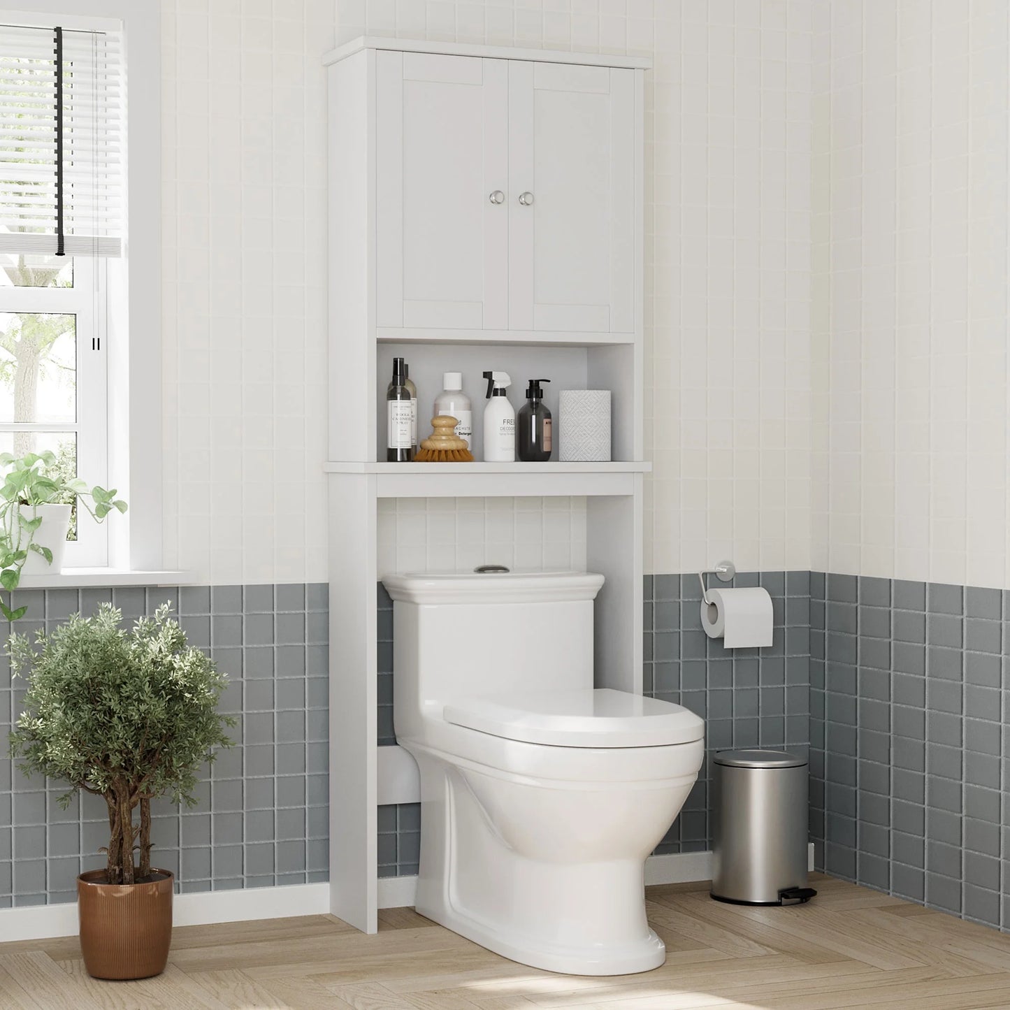 Walsunny Over The Toilet Storage Cabinet, Bathroom Shelf Organizer with Anti-Tip Device Small Freestanding Space Saver with Adjustable Shelf White