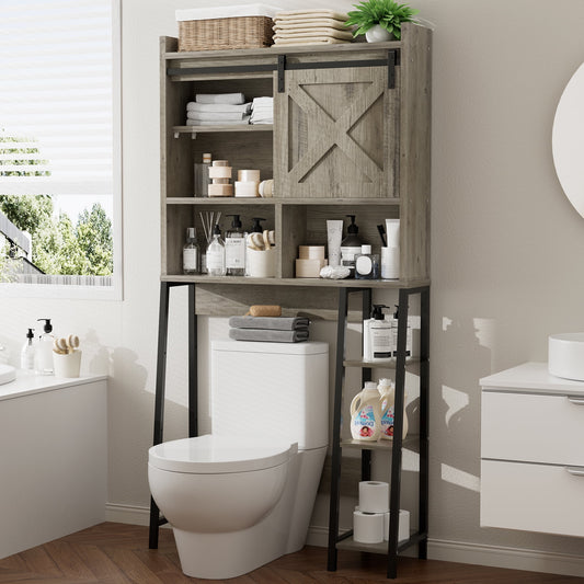 Walsunny Over The Toilet Storage Cabinet,Toilet Organizer Rack, Bathroom Shelf Over Toilet Cabinet with Sliding Door for Restroom, Laundry, Gray