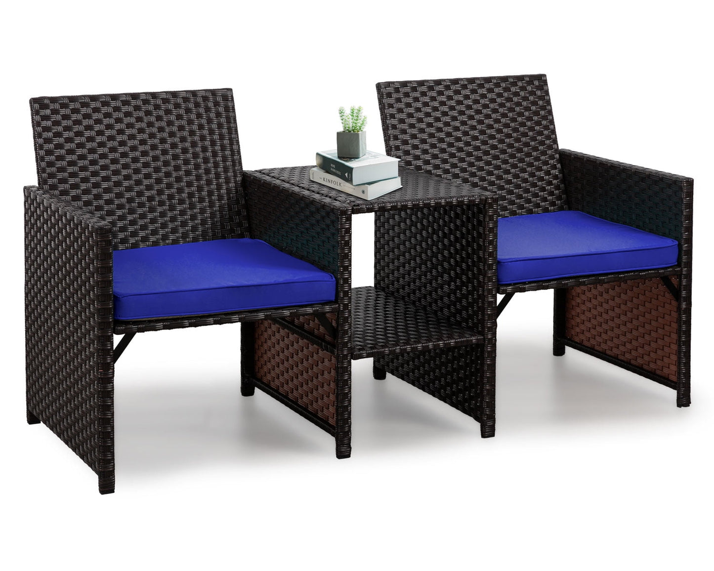 Walsunny Patio Rattan Conversation Set Seat Sofa Cushioned Loveseat Table Chairs Dark Blue