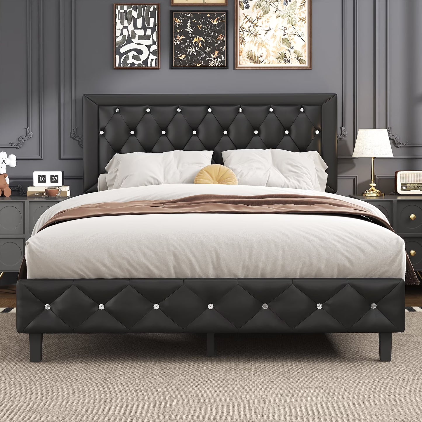 Walsunny Queen Bed Frame with Storage, Upholstered Platform Bed with Diamond Tufted Headboard and Wingbacks, Wooden Slats Support Easy Assembly, Velvet Black