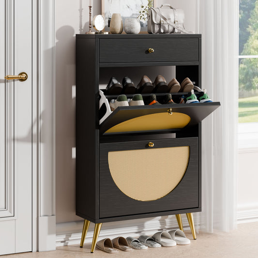 Walsunny Shoe Cabinet with 2 Flip Drawers Shoe Storage Cabinet with 1 Pull Drawer Rattan Cabinet, Entryway Shoe Organizer Cabinet for Front Door Sneakers Slippers