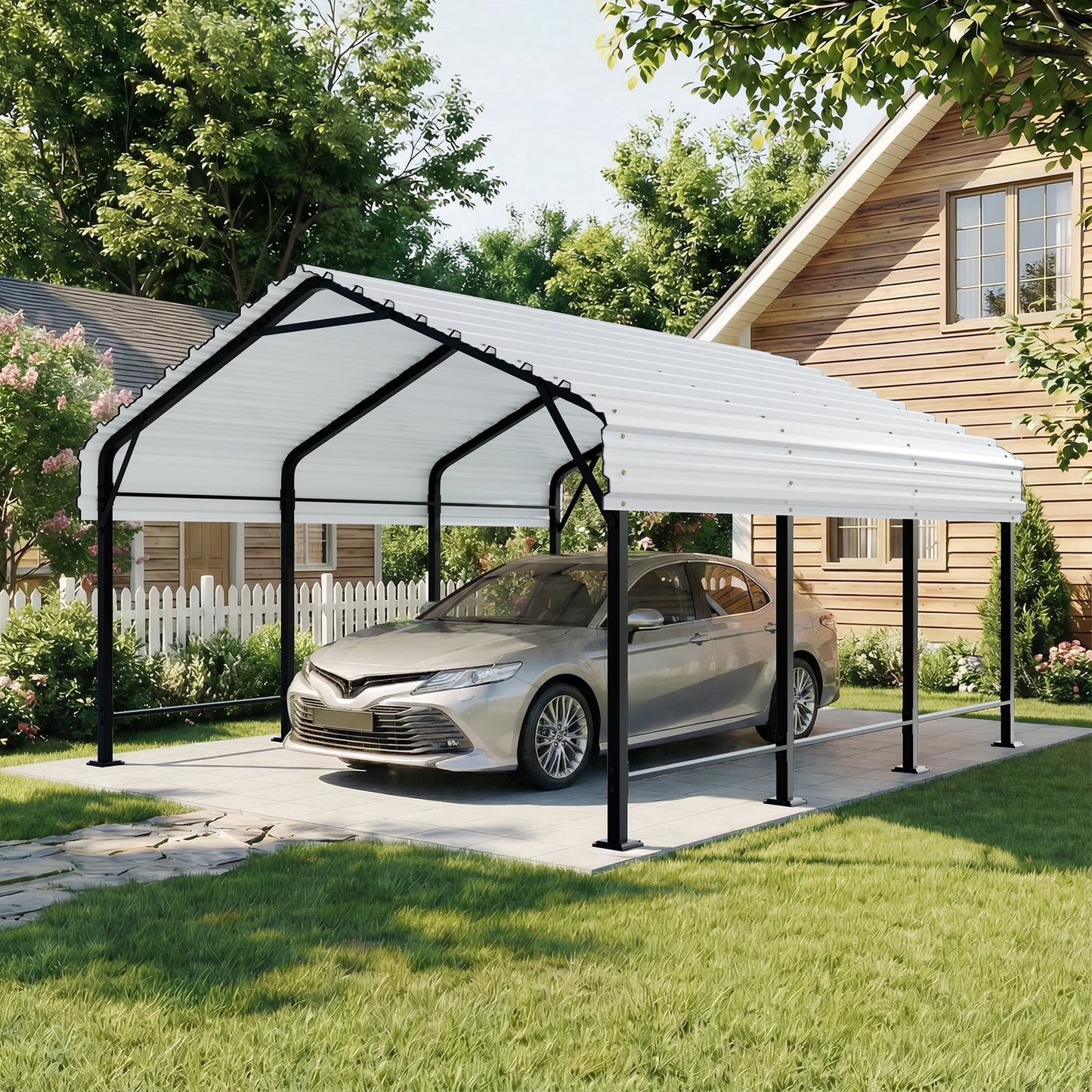 Walsunny 20X20ft Steel Carport, Outdoor Heavy Duty Carport Canopy with Galvanized Steel Roof, Metal Carport Extra Large Garage Car Storage Shelter, White