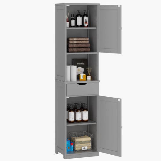Walsunny Tall Storage Pantry Cabinet, 64”H Freestanding Bathroom Storage Cabinet, Narrow Cabinet with Adjustable Shelves, Open compartments for Small Spaces, Bathroom, Living Room, Kitchen, Grey