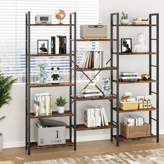 Walsunny Triple 5 Tier Bookshelf, Industrial Large Bookcase with 14 Open Display Shelves, Large Etagere Bookshelf,Wide Book Shelf Book Case for Home & Office, Rustic Brown