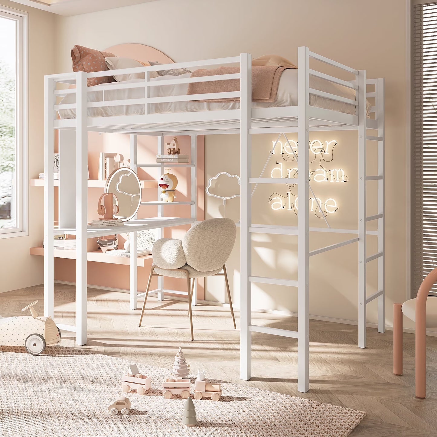Walsunny Twin Loft Bed with Desk, Metal Bed with Huge Under Space for –  Wal-sunny, image size:1445x1445