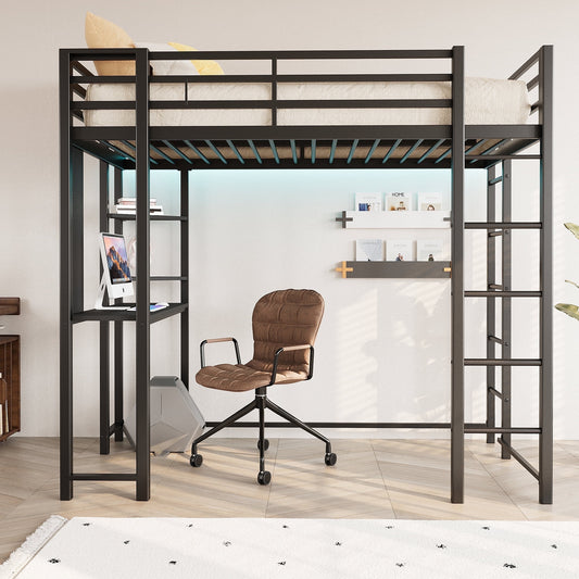 Walsunny Twin Loft Bed with Desk for Students Kids Teens, Metal Bunk Bed with Huge Under Space Bed, Kids Student Bedroom Loft Dormitory Bed, Sturdy Steel Frame