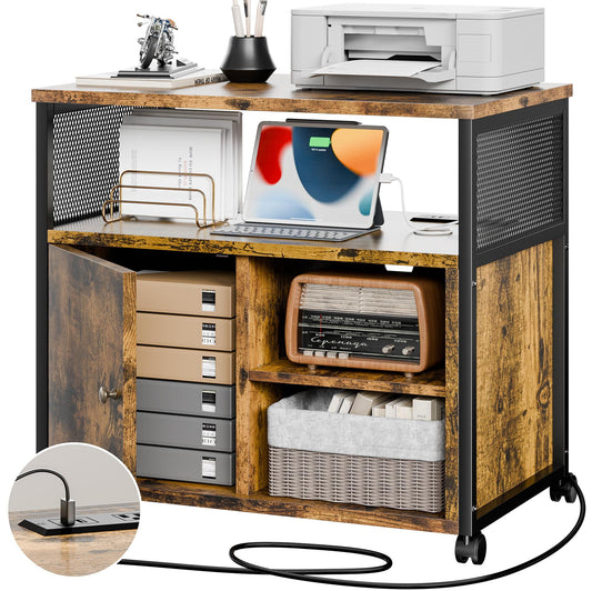 Walsunny Wood Rolling File Cabinet Drawer with Socket and USB Charging Ports for Home Office, Printer Stand with Storage Rustic Brown