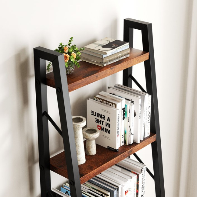 Walsunny Ladder Bookshelf Organizer, Solid Rubberwood Frame, Espresso Finish, 16.7" D x 12" W x 55.8" H